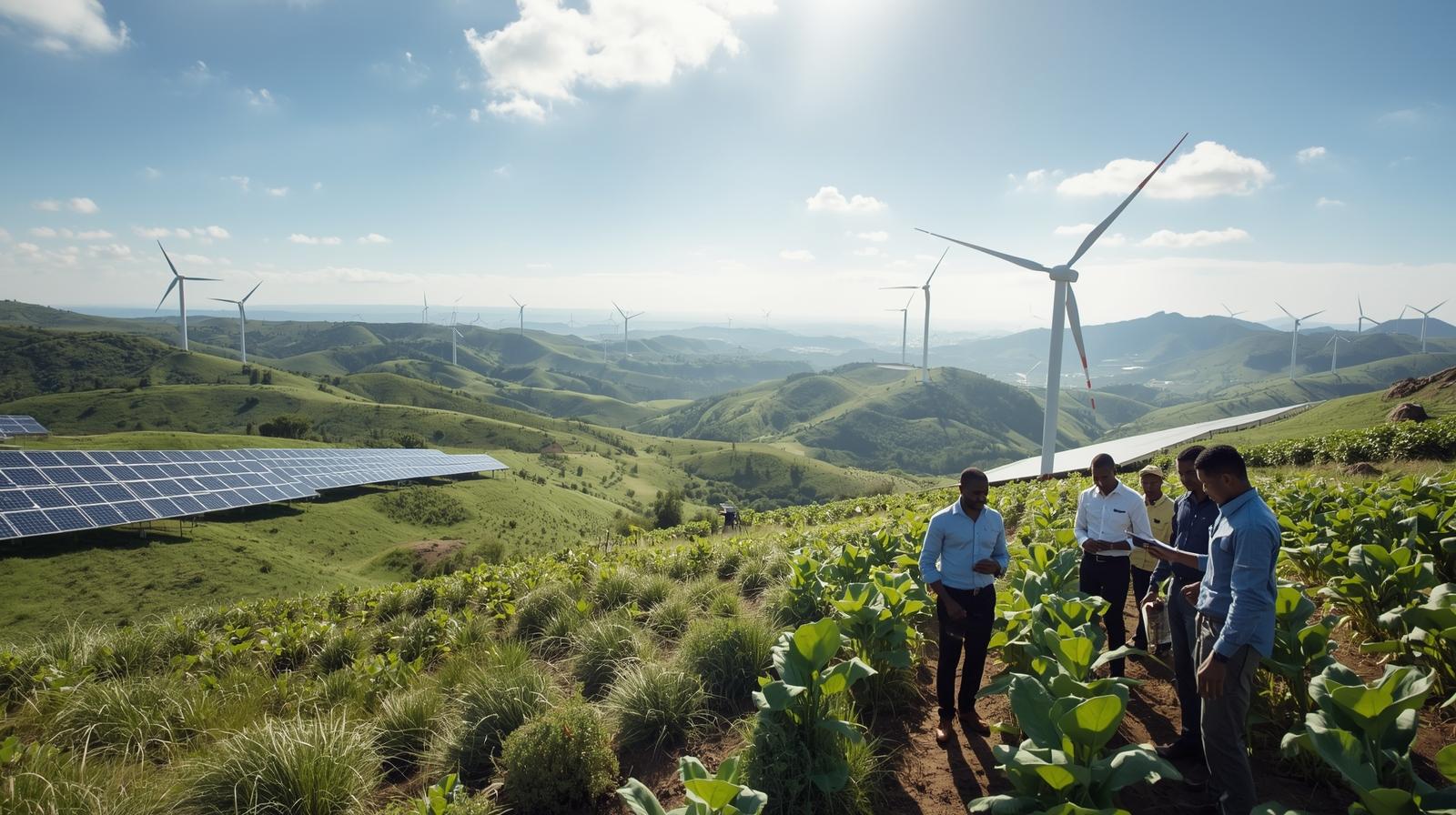 Panoramic view of solar panels and wind turbines with workers implementing renewable energy projects for a sustainable future.