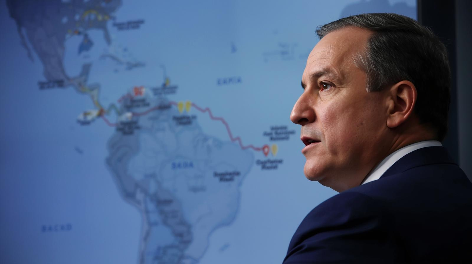 Editorial-style image of a man giving a press conference with a map of a Latin American country in the background, including icons for military, diplomacy, and subtle humanitarian aid symbols.