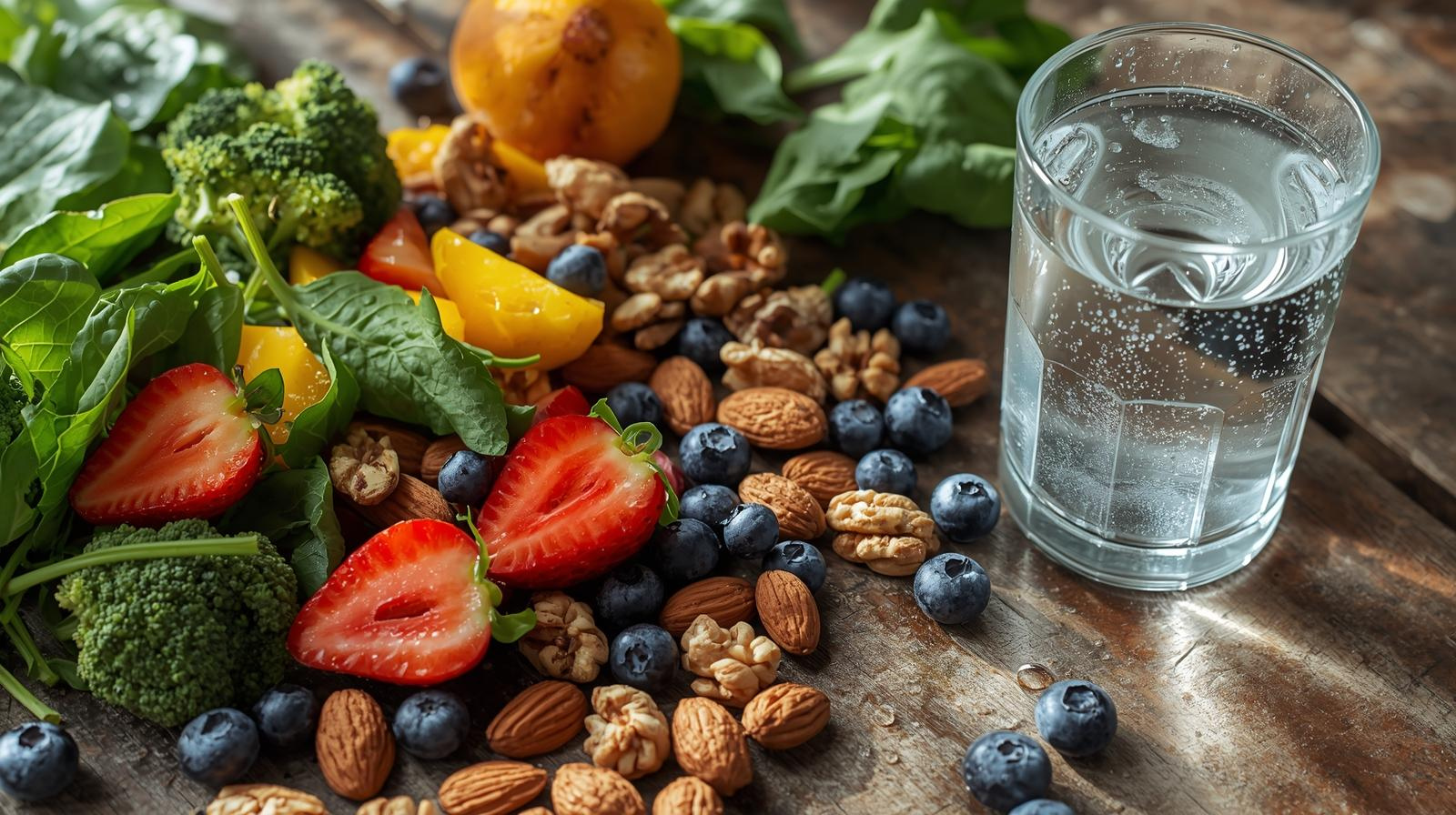 Editorial-style image showing a healthy meal with green vegetables like spinach and broccoli, seasonal fruits such as oranges and berries, nuts like walnuts and almonds, and protein sources including fish and eggs, promoting immunity and overall health.